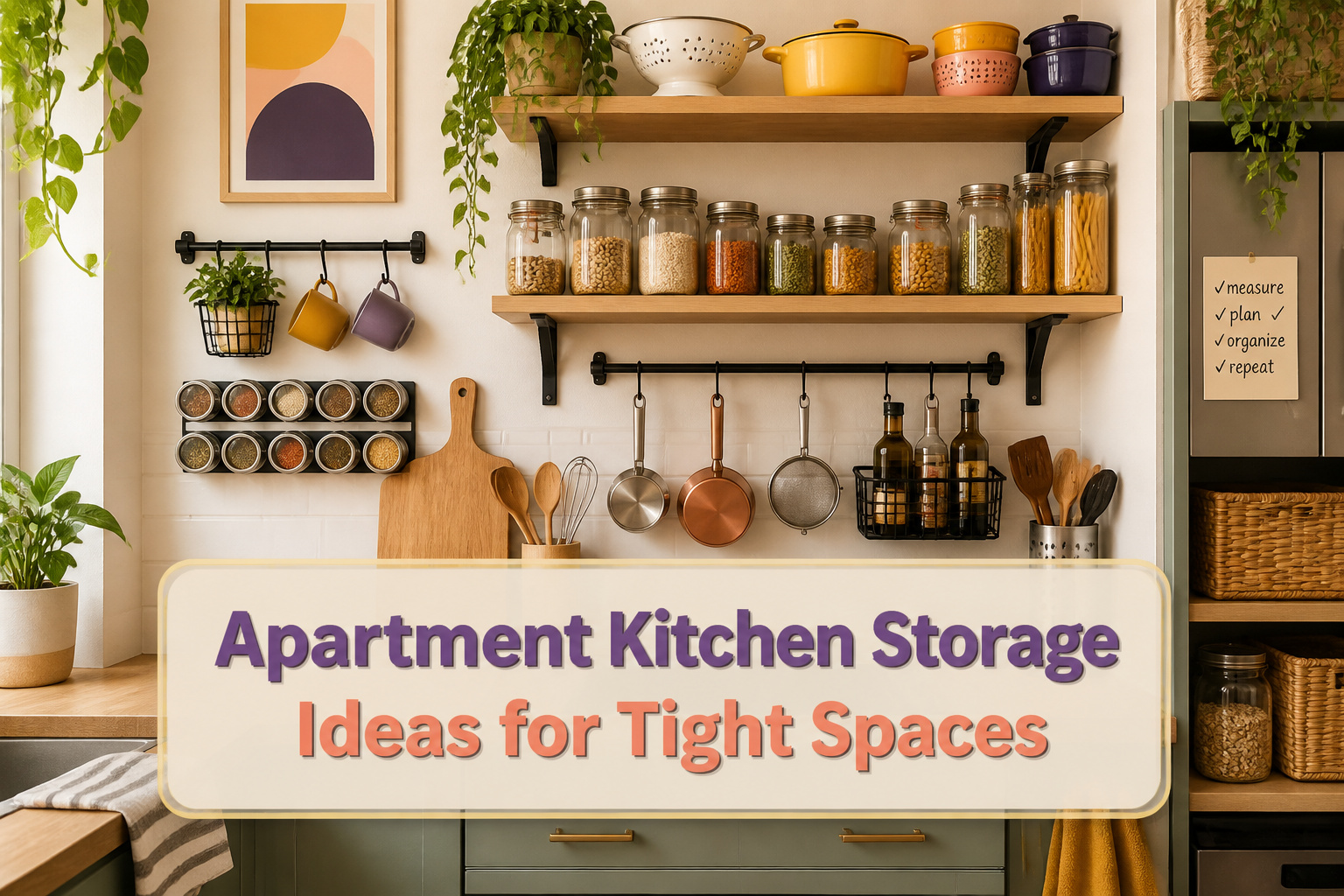A modern kitchen showing various storage ideas for small spaces.