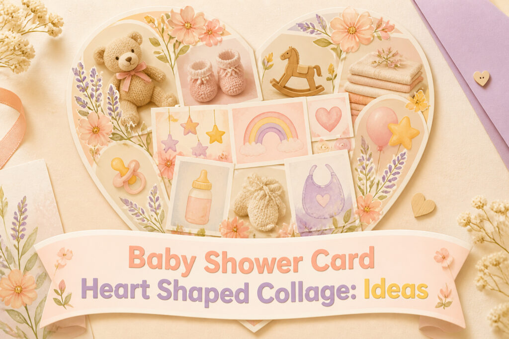 An assortment of heart-shaped collages on a pastel surface, featuring blank spaces.