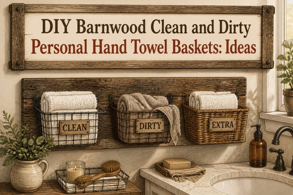 Barnwood towel baskets for organizing clean and dirty towels.