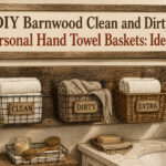 Barnwood towel baskets for organizing clean and dirty towels.