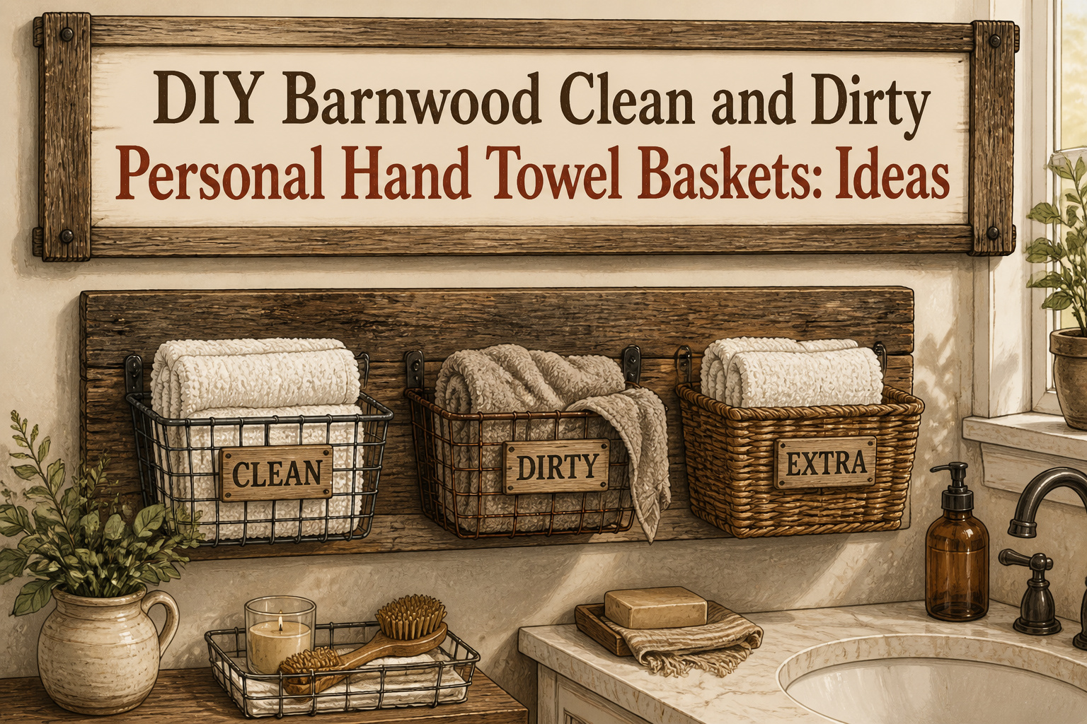 Barnwood towel baskets for organizing clean and dirty towels.