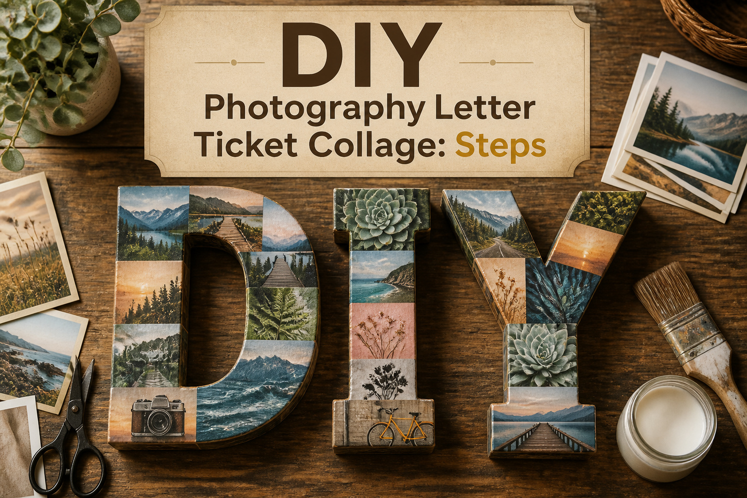 An array of vibrant paper mache letters with craft supplies on a wooden table.