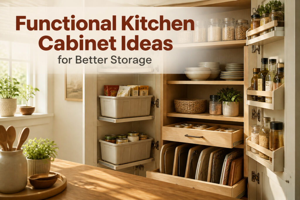 A contemporary kitchen with various functional cabinets and storage features.
