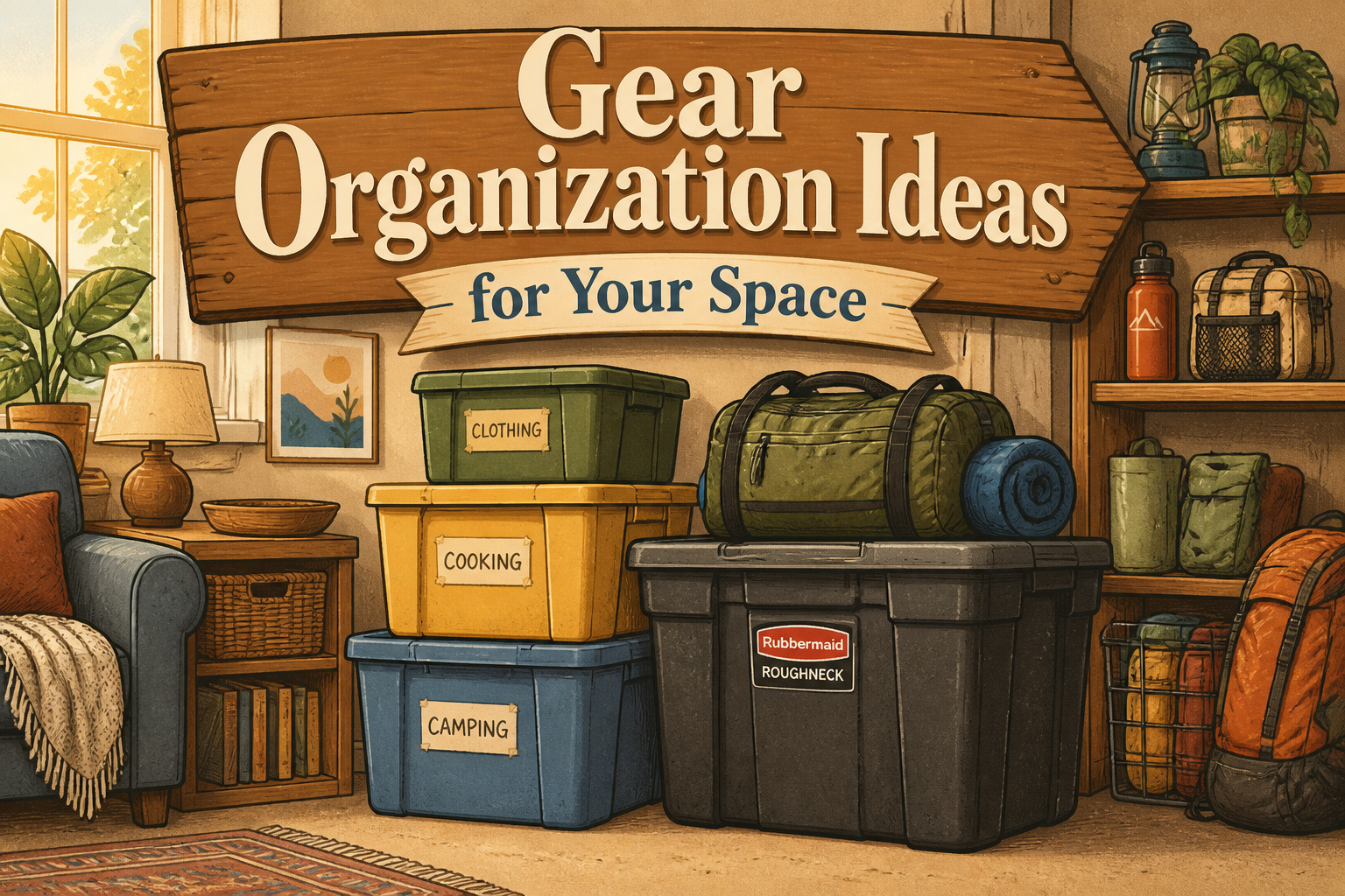 A collage of various gear organization ideas and storage solutions.