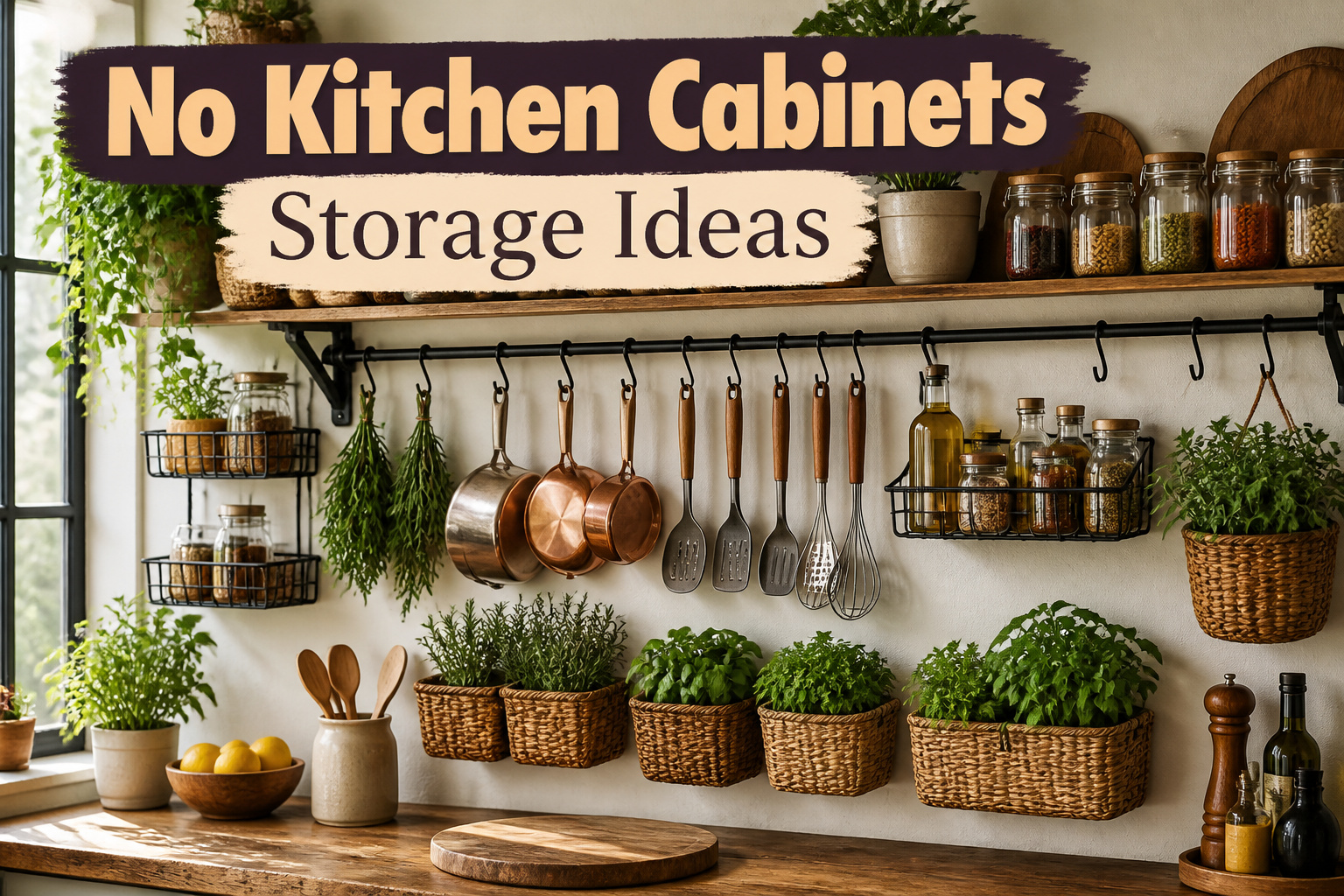 A modern kitchen without cabinets showing various storage ideas.