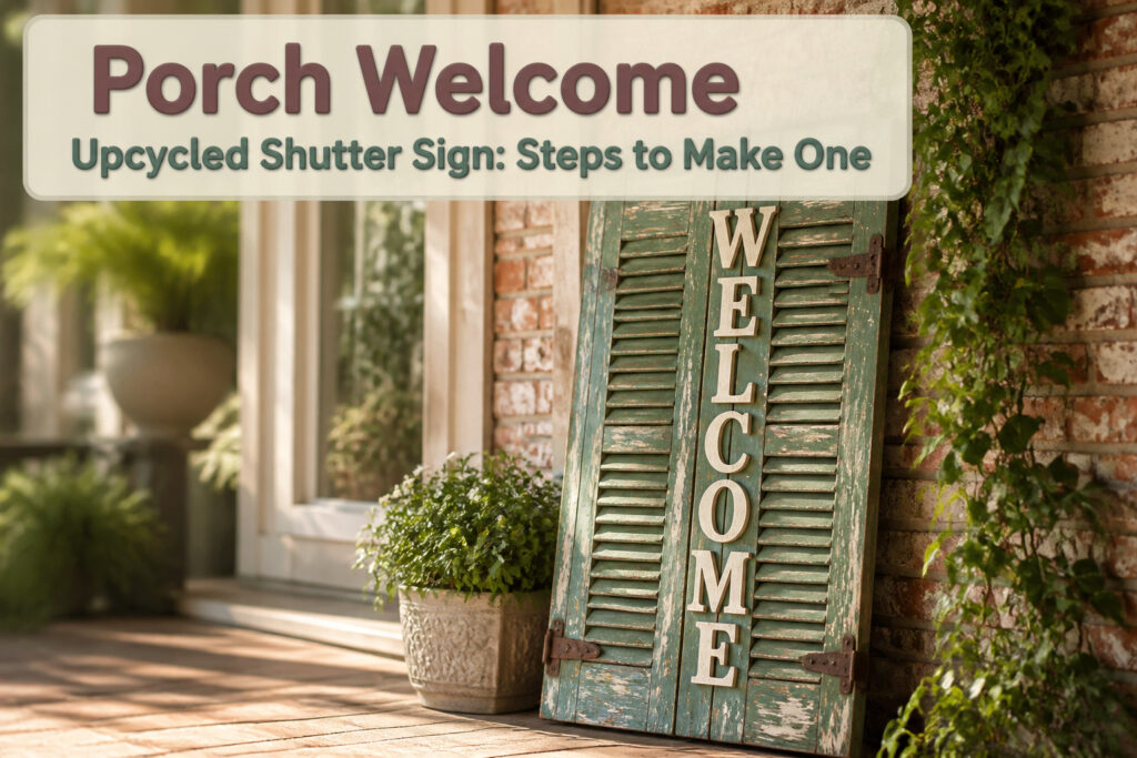 An upcycled shutter sign with a welcome message displayed on a porch.