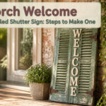 An upcycled shutter sign with a welcome message displayed on a porch.