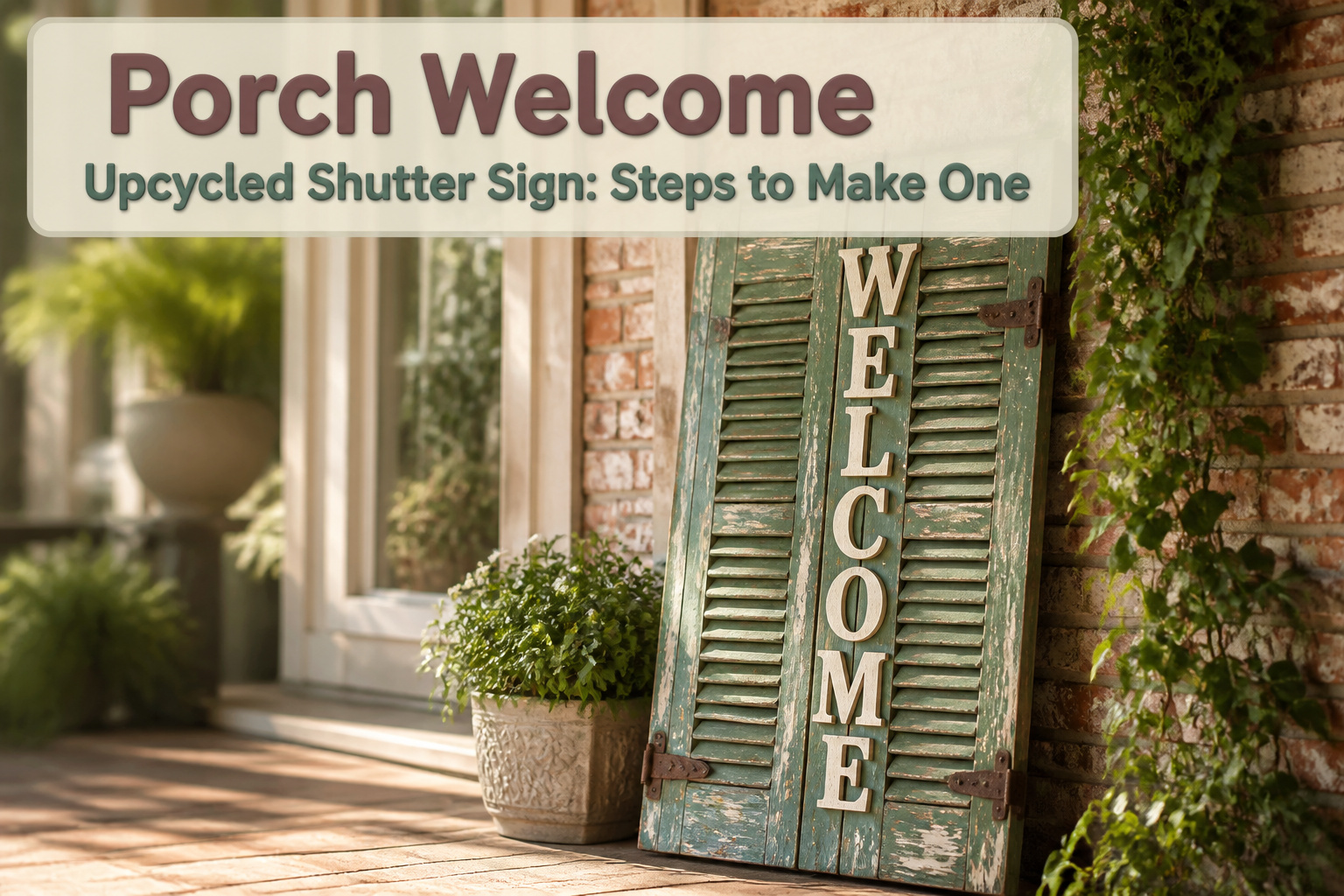 An upcycled shutter sign with a welcome message displayed on a porch.