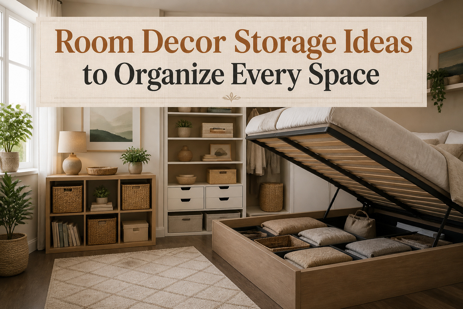 A collection of room decor storage ideas including bins, beds, and carts.