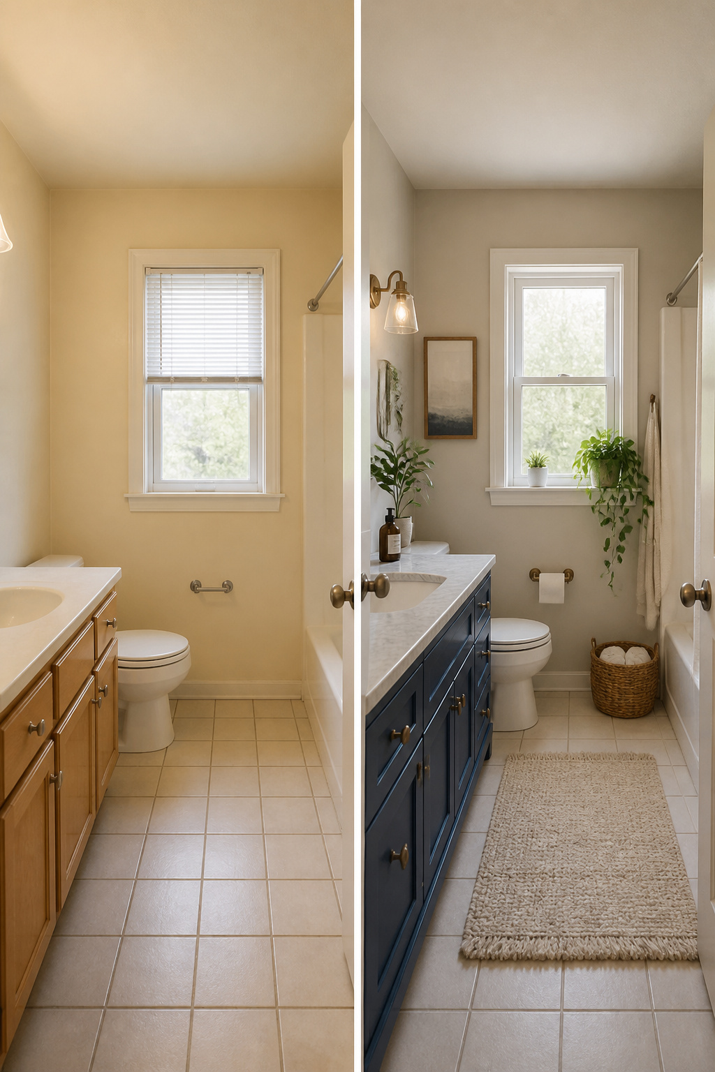 Standard Builder Grade Bathroom Light to Modern Farmhouse Makeover 1 Bathroom walls painted in Agreeable Gray with a blue vanity.