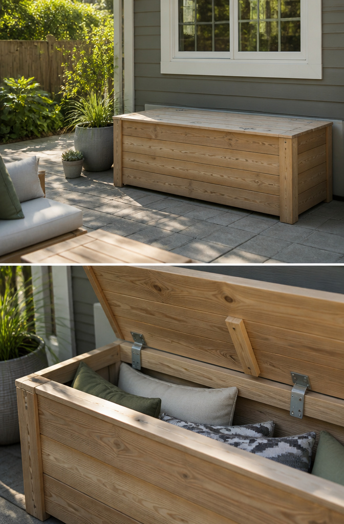 10 DIY Backyard Storage Ideas for Benches, Walls, and Sheds 1 A storage bench constructed from wood with a hinged lid.