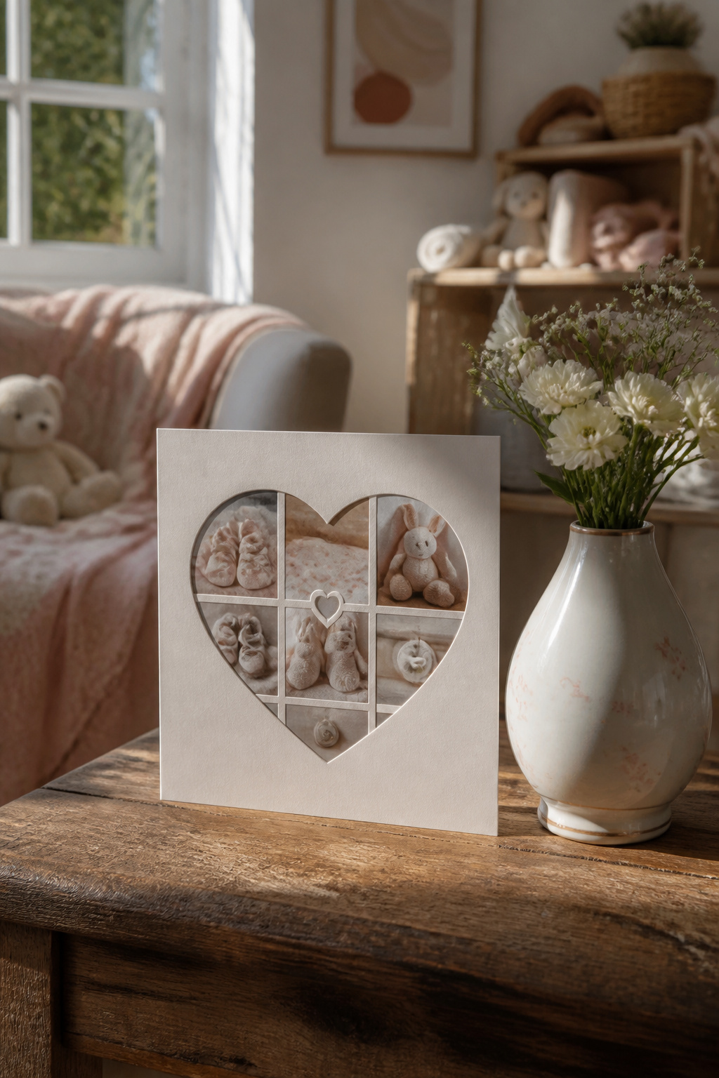 Baby Shower Card Heart Shaped Collage: Ideas for 2026 1 A heart-shaped photo collage card on a wooden table beside a vase with flowers.