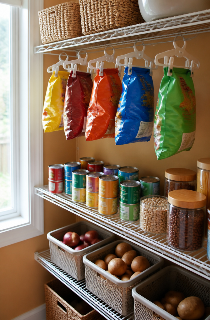 20 Clever Home Storage Ideas for Every Room in 2026 1 Chip bags hanging from clips on a wire shelf in a pantry.