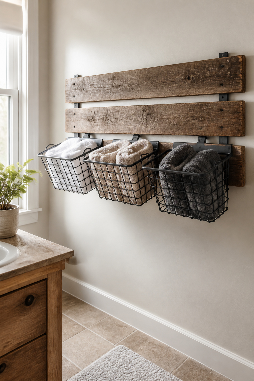 Wall-mounted barnwood baskets for storing towels.