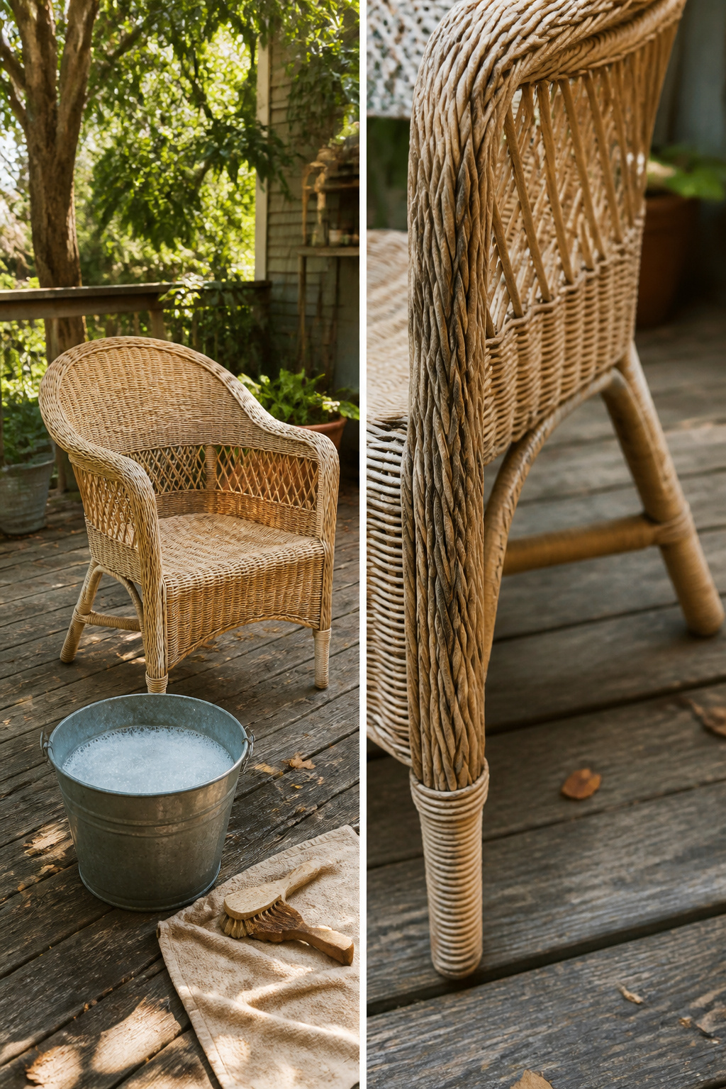 A wicker chair being pressure washed to clean its surface.