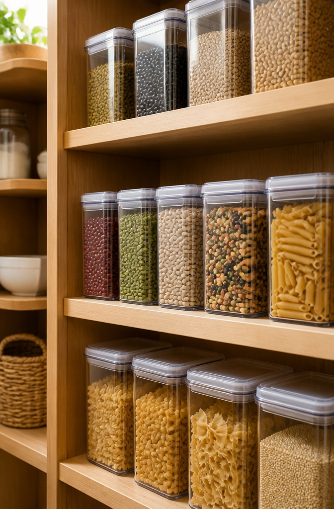 9 Small Pantry Shelves Ideas That Use Every Inch (2026) 1 Clear containers filled with dried beans and pasta on pantry shelves.