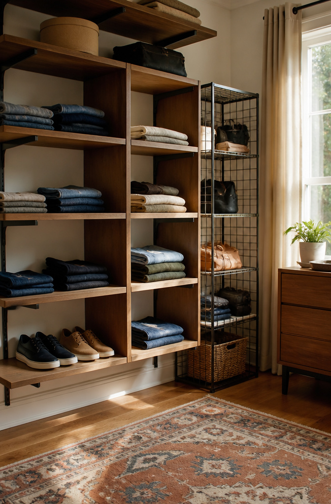 18 Wall Closet Ideas for Better Storage and Design in 2026 1 Modular wooden shelves holding denim and casual shoes.