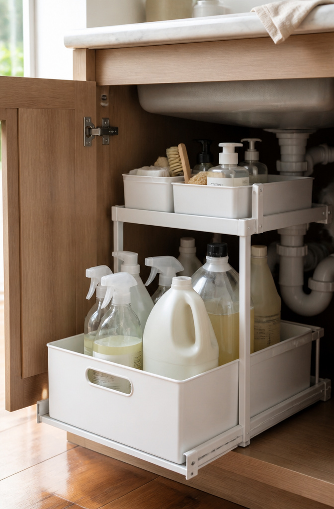 How to Organize Your Kitchen Sink Cabinet: 8 Ideas for 2026 1 A two-tier organizer under a kitchen sink with cleaning products.