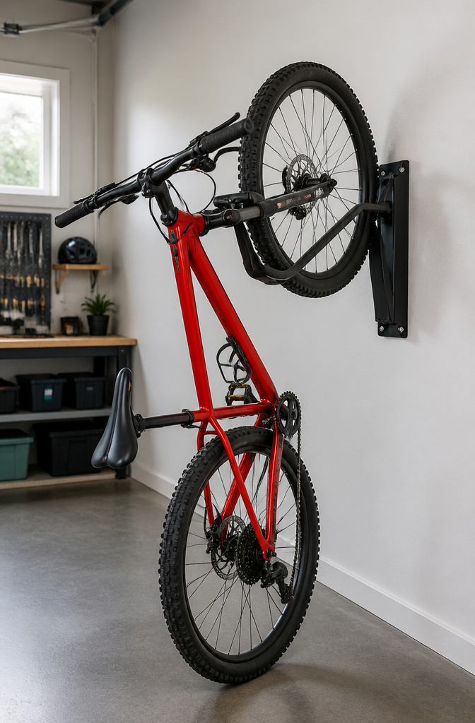 11 Eco-Friendly Bike Storage Ideas: Sustainable Ways to Store Your Bike (2026) 1 A wall-mounted pivot rack holding a bike against a wall.