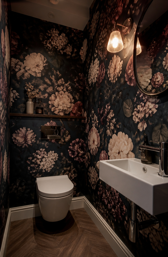 12 Downstairs Toilet Ideas for 2026: Fresh Research on Design 1 Intimate downstairs toilet with oversized navy floral wallpaper.