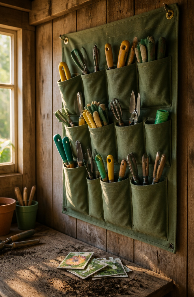 20 Garden Organization Ideas for Sheds, Tools and Supplies in 2026 1 Wall-mounted fabric organizers with staggered pockets for garden tools.