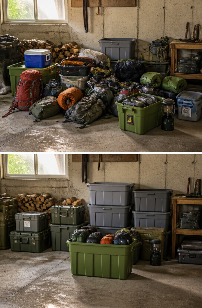 10 Gear Organization Ideas for Your Space in 2026 1 Rubbermaid Roughneck and Project Source heavy-duty storage bins stacked.