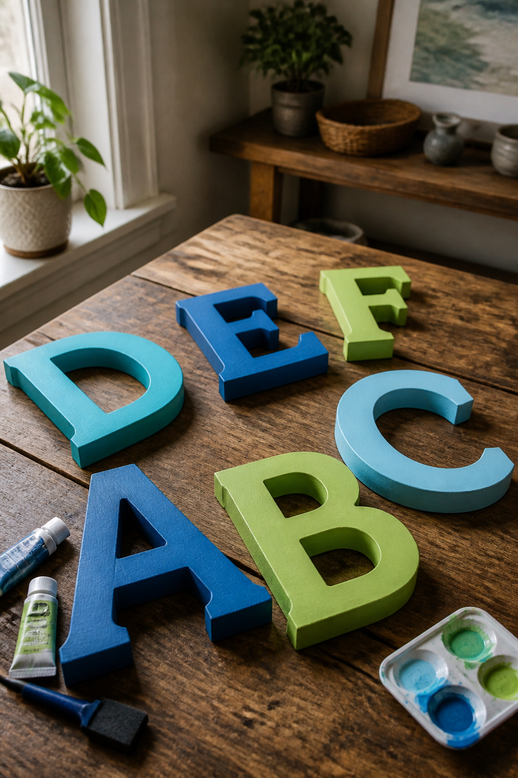 Twelve-inch paper mache letters in bright colors on a wooden table.