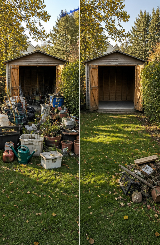18 Shed Organization Ideas for Tools, Supplies and Storage (2026) 1 A lawn covered with various items sorted for shed organization.