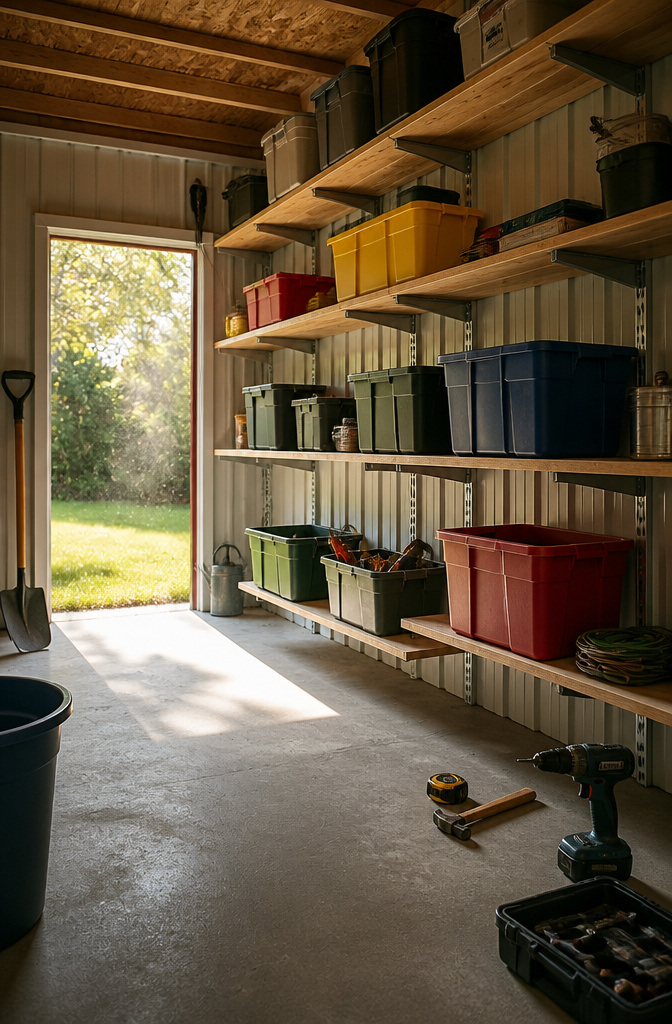 18 Shed Organization Ideas for Tools, Supplies and Storage (2026) 10 Shelving with movable brackets filled with bins and tools.