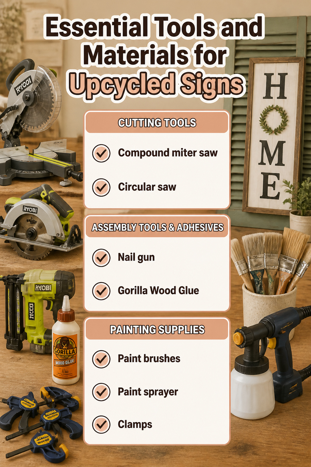 Tools for making upcycled signs, including a circular saw and nail gun.