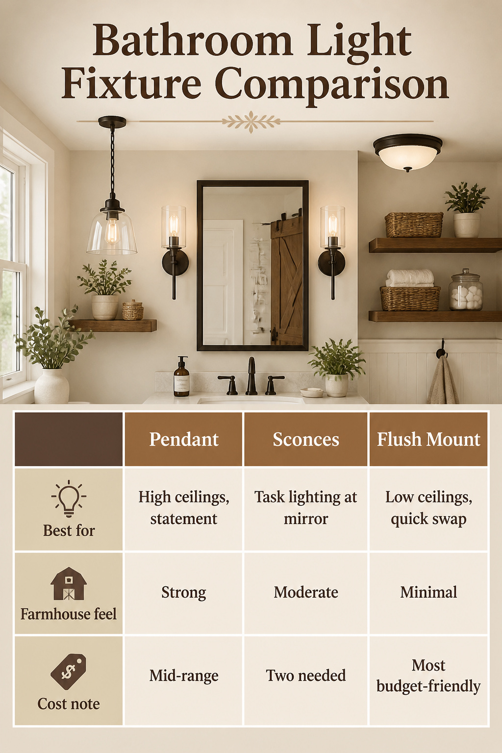 Standard Builder Grade Bathroom Light to Modern Farmhouse Makeover 10 Comparison chart of different bathroom light fixture styles.