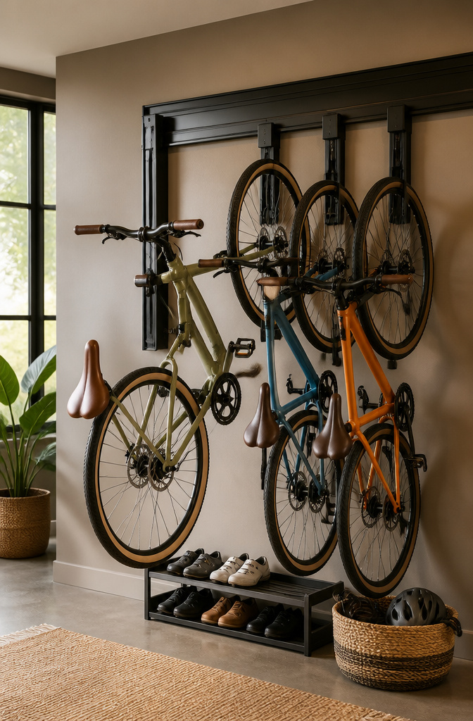 11 Eco-Friendly Bike Storage Ideas: Sustainable Ways to Store Your Bike (2026) 10 A sliding track system with bikes on hooks.