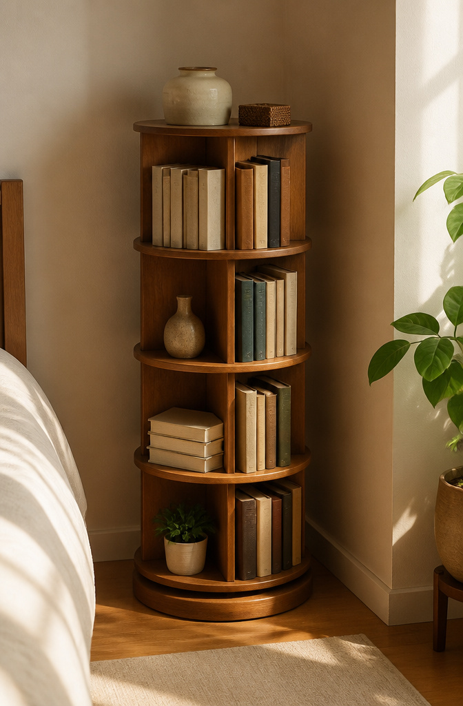 10 Small Bedroom Shelf Ideas for Tight Spaces 10 A freestanding rotating shelf storing books and albums.