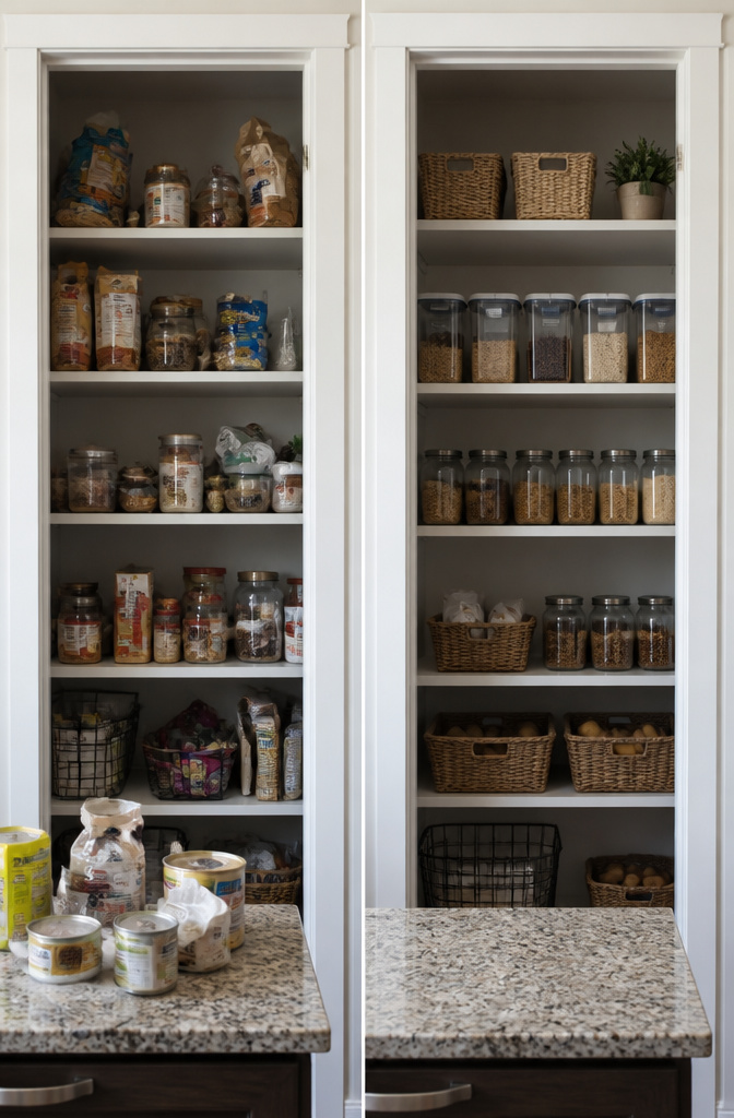 9 Small Pantry Shelves Ideas That Use Every Inch (2026) 10 A kitchen counter filled with items sorted for a pantry purge.