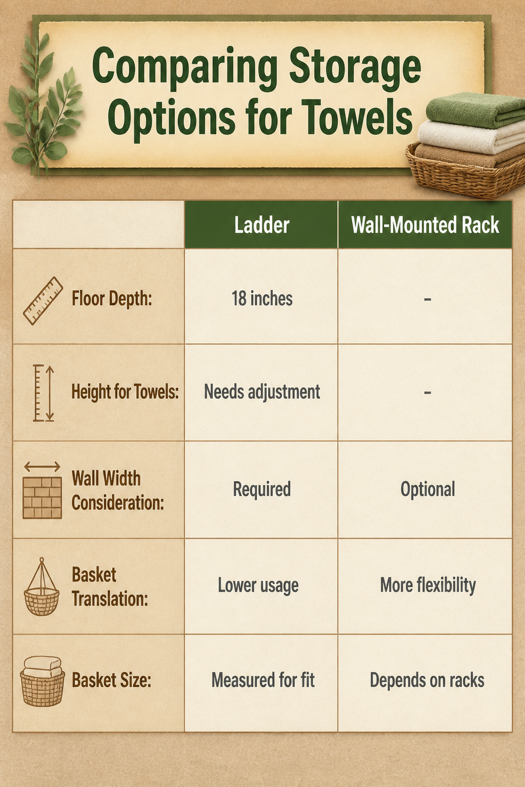Comparing towel storage options with dimensions.