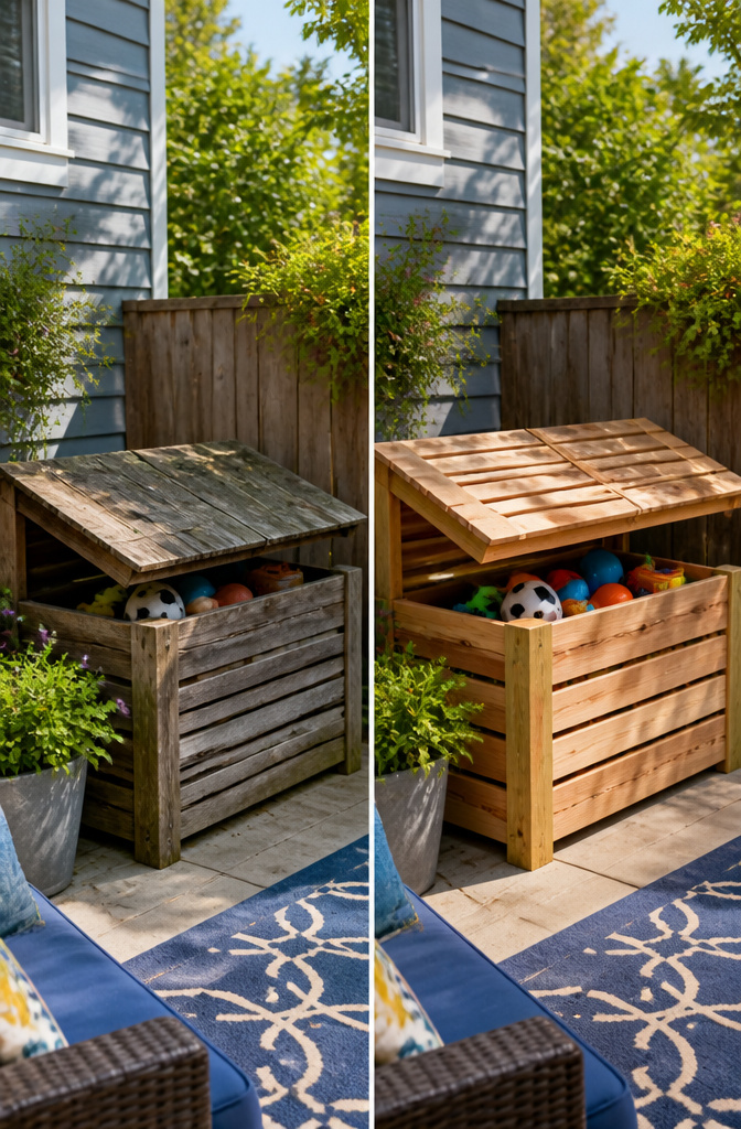 10 DIY Backyard Storage Ideas for Benches, Walls, and Sheds 10 A wooden toy box with drainage gaps and a slanted lid.