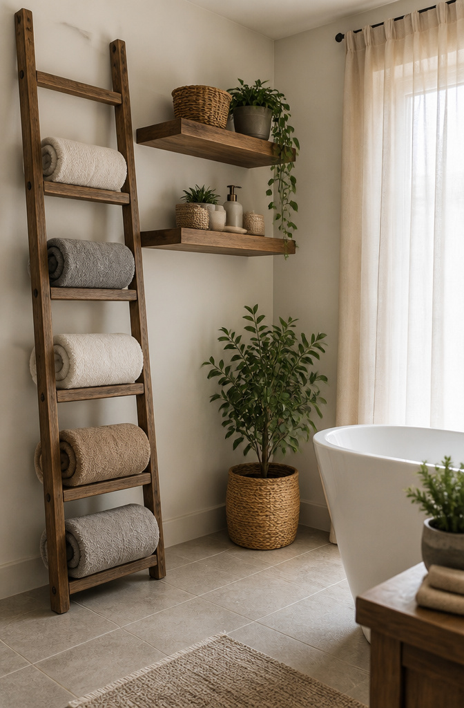 10 Master Bath Storage Ideas That Use Built-In Space (2026) 10 A wooden ladder rack leaning against a wall holding rolled towels.