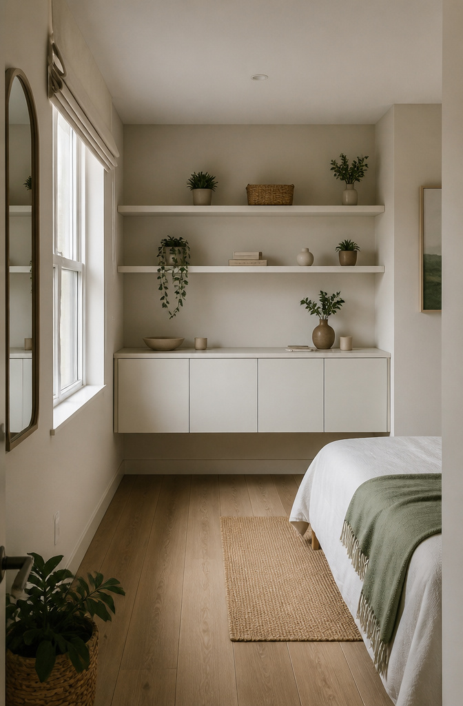 10 Small Bedroom Wardrobe Ideas for Space-Smart Storage in 2026 10 A wall-mounted wardrobe installed above the floor in a small bedroom.