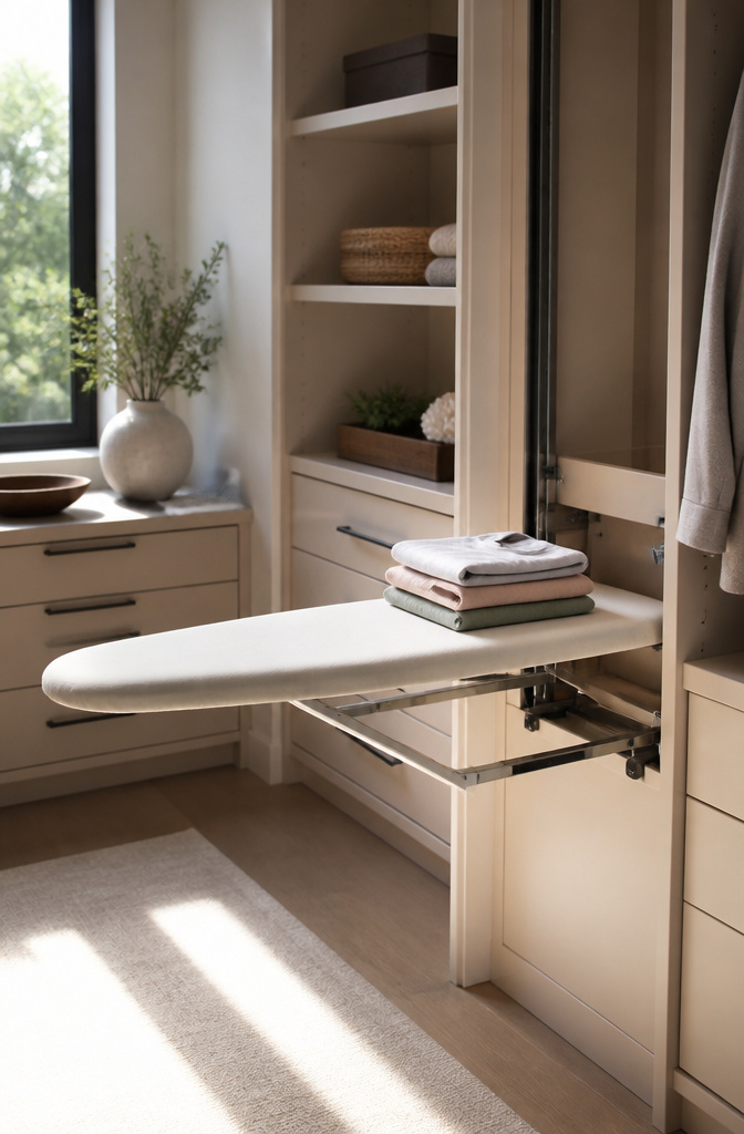 18 Wall Closet Ideas for Better Storage and Design in 2026 10 Pull-out ironing board mounted inside a closet.
