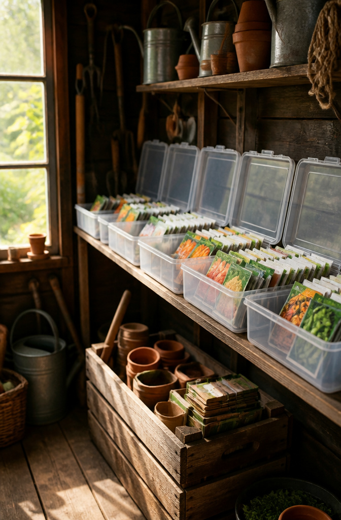 20 Garden Organization Ideas for Sheds, Tools and Supplies in 2026 10 Open plastic photo cases filled with labeled seed packets on a shelf.