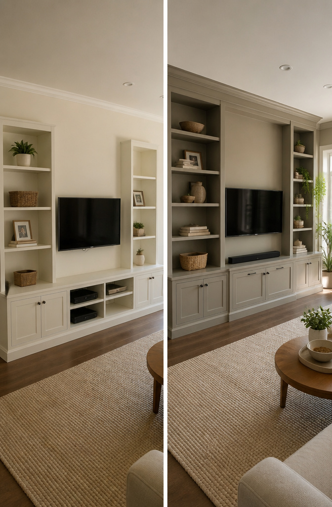 20 TV Cabinet Ideas That Blend Storage, Style and Smart Design 10 A built-in TV wall unit created with bookcases and matching molding.