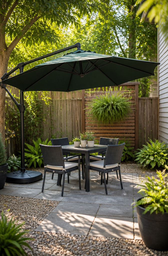 10 Little Backyard Ideas That Maximize Every Square Foot in 2026 10 A cantilever umbrella over a small outdoor dining set.