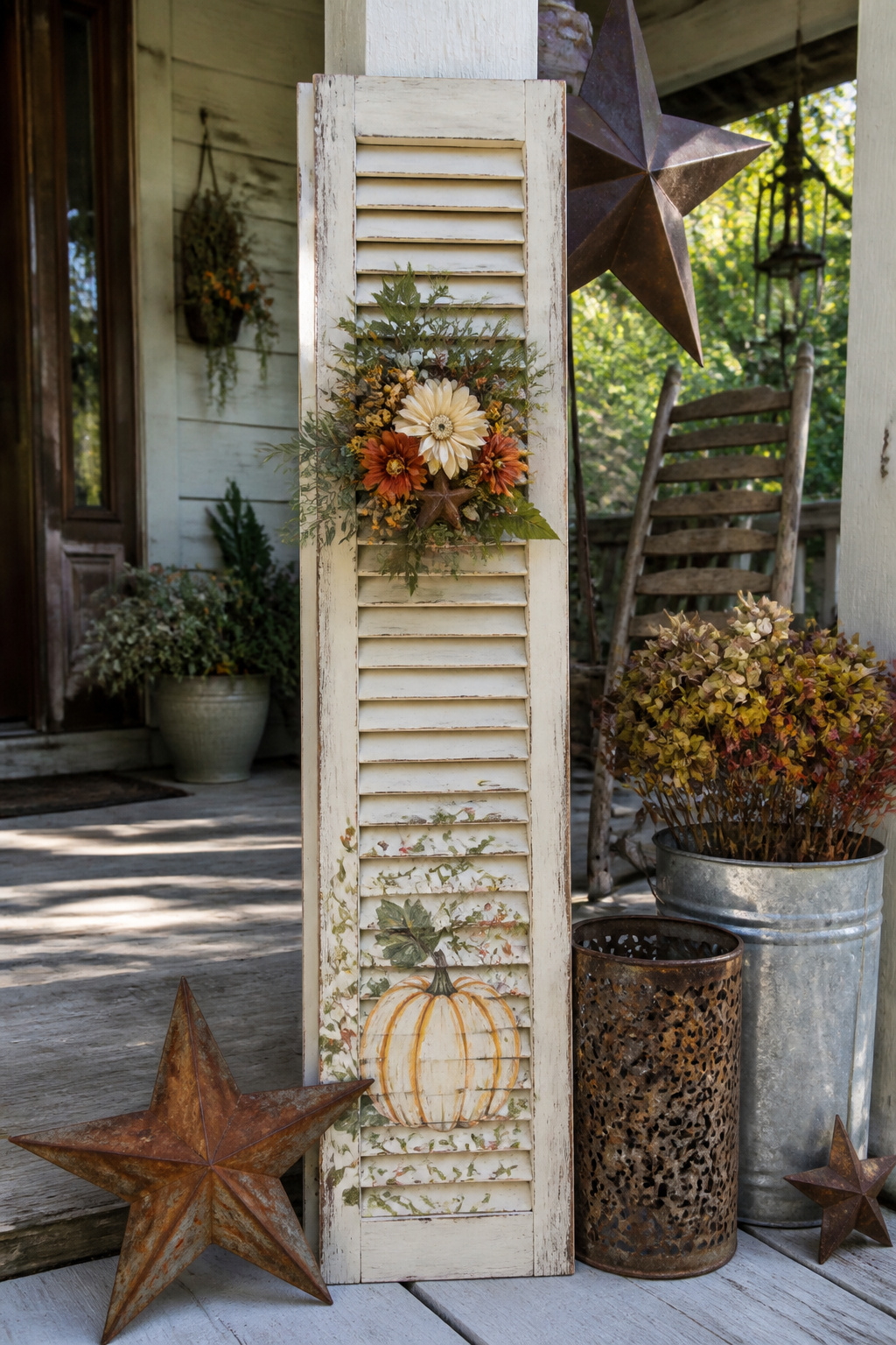 A creatively arranged shutter sign with seasonal decorations.