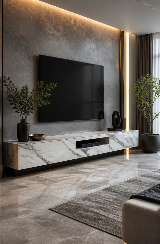 20 TV Cabinet Ideas That Blend Storage, Style and Smart Design 11 A marble TV unit with decorative accents set against a concrete wall.