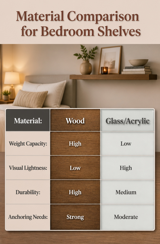 10 Small Bedroom Shelf Ideas for Tight Spaces 11 An infographic comparing materials for bedroom shelves.