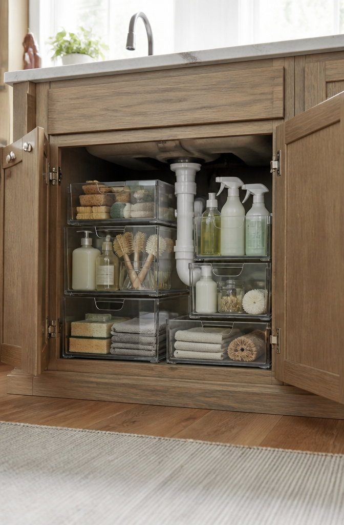How to Organize Your Kitchen Sink Cabinet: 8 Ideas for 2026 11 Stacked clear acrylic drawers under a kitchen sink.
