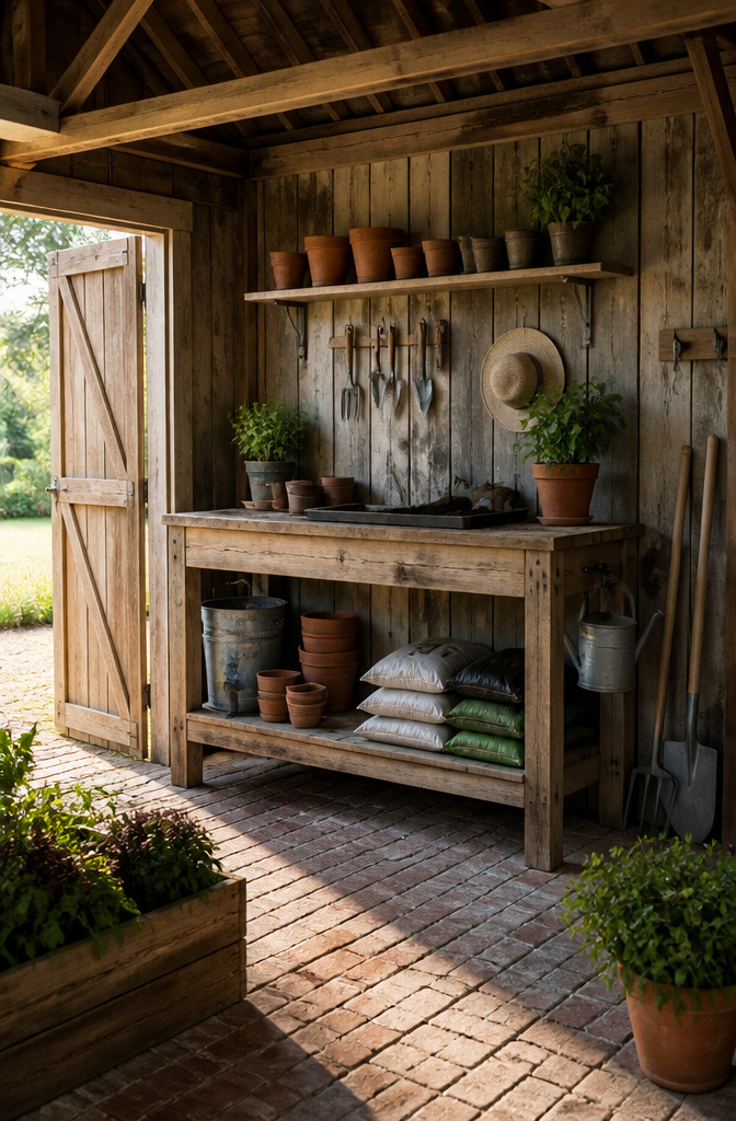 20 Garden Organization Ideas for Sheds, Tools and Supplies in 2026 11 A potting station built from wood with tools and soil underneath.