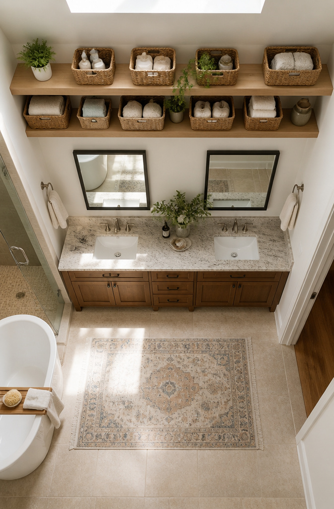 10 Master Bath Storage Ideas That Use Built-In Space (2026) 11 Shelves above cabinets filled with woven baskets for additional storage.