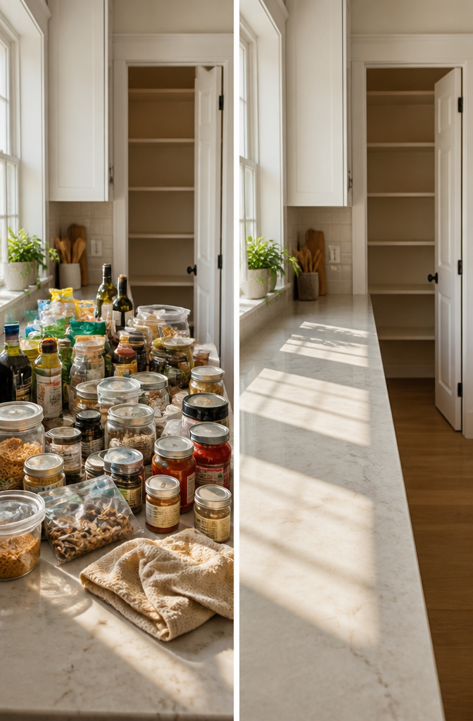10 Small Pantry Ideas That Maximize Storage in Tight Kitchen Spaces 11 A countertop covered with pantry items ready for sorting.