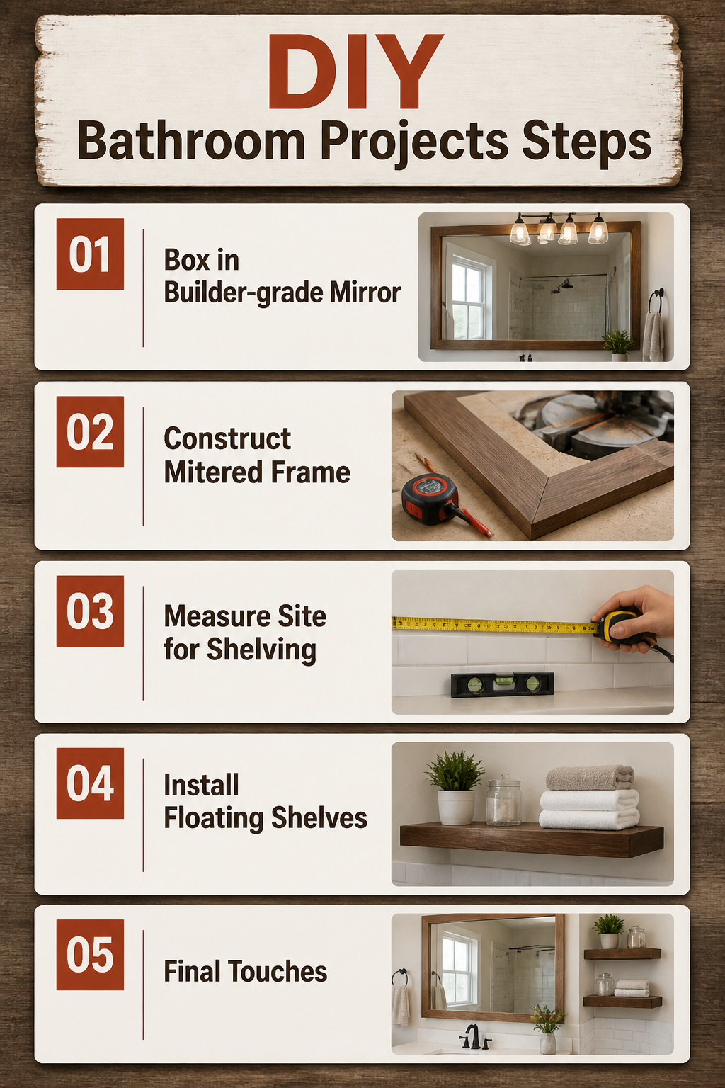 Standard Builder Grade Bathroom Light to Modern Farmhouse Makeover 11 Steps for a DIY bathroom mirror framing project.